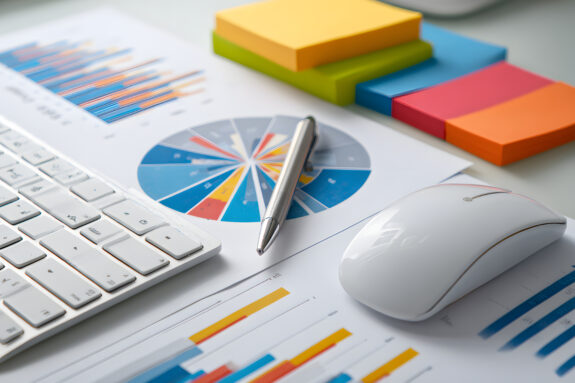 ビジネス分析資料とキーボードのデスクトップ構成